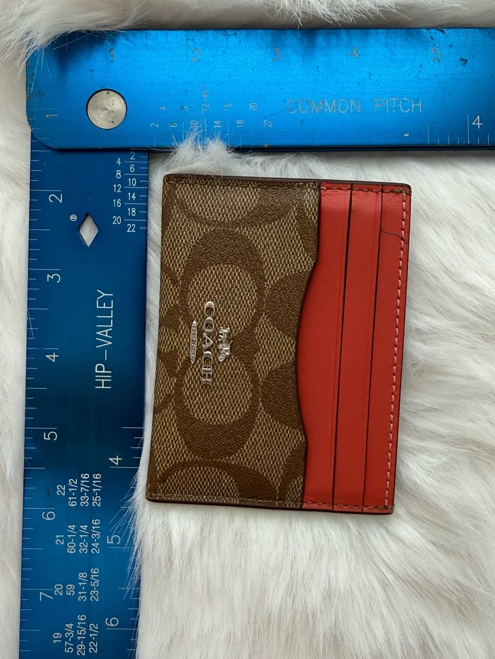Coach Signature Canvas Card Case in Brown and Coral